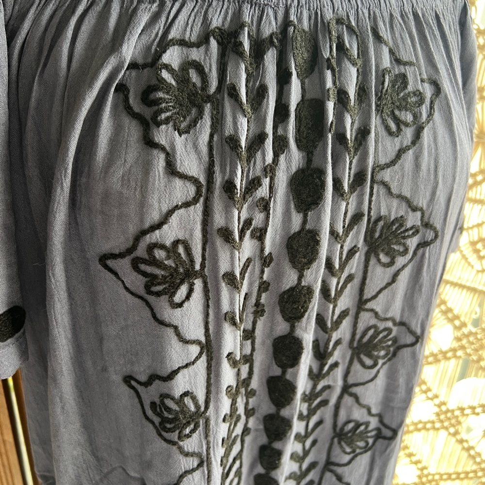Dark Blue and Black Off the Shoulder Embroidered Tunic Mini Dress - Picture 2 of 8